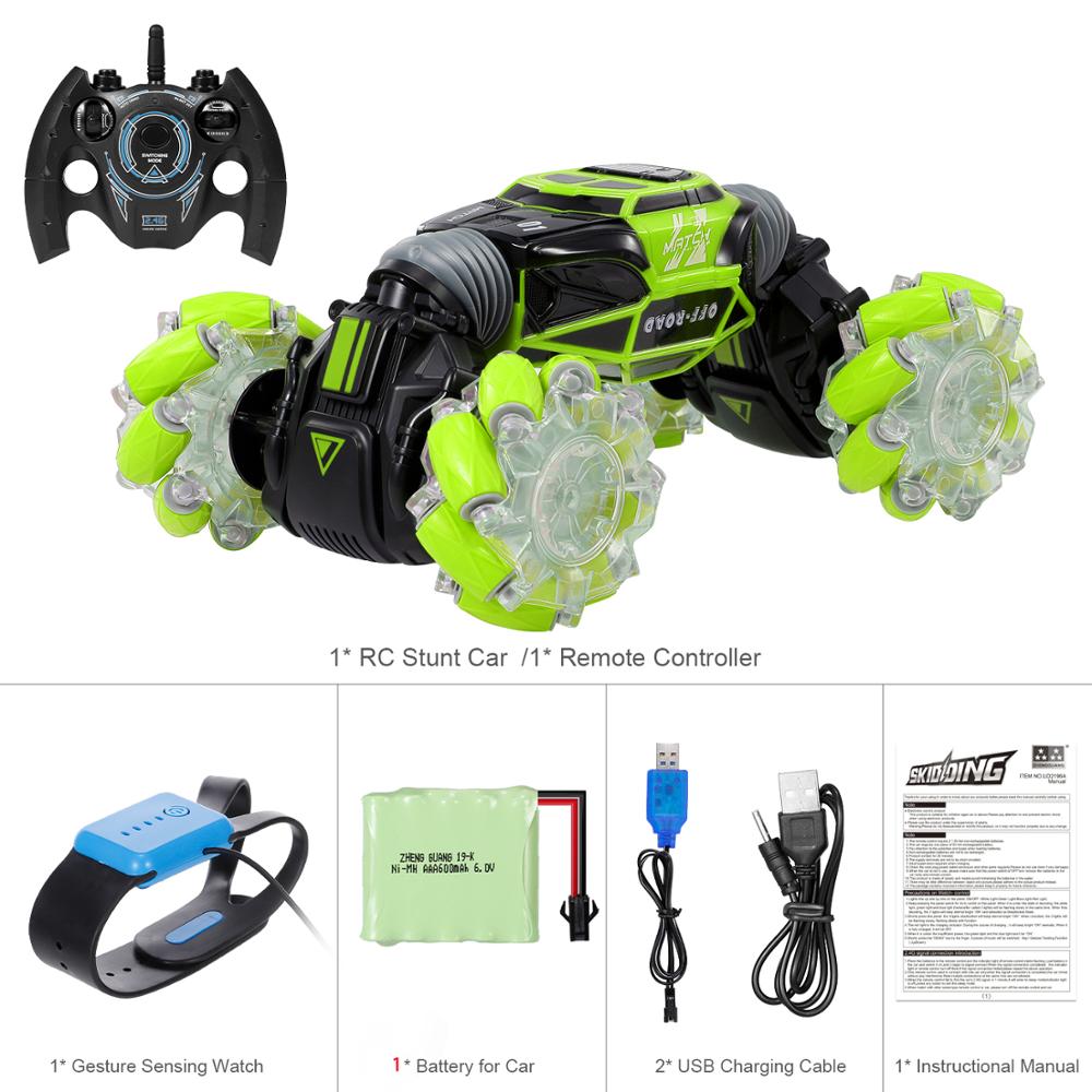 RC Stunt Car 4WD Watch Gesture Sensor Control Deformable Electric Car All-Terrain Transformable Car Auto-demo for Kids: Green 1 Battery