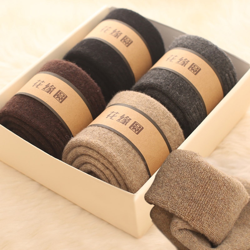 Mérinos-chaussettes chaudes et longues pour hommes, 4 paires, en laine épaisse, serviette à boucle en cachemire en peluche, robe douce en coton