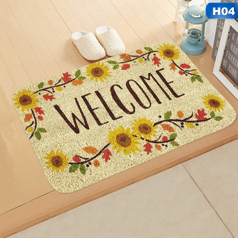 Tapis antidérapant rectangulaire 40 x 60cm welcome home pour chambre à coucher, tapis de sol d'entrée, motif tournesol, paillasson en flanelle: H04