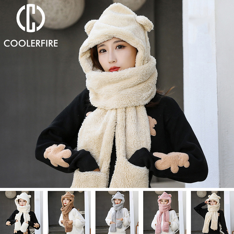 Women Cap Caps Warm Cute Bear Ear Hat Casual Plush Hat Scarf Set Casual Novelty Beanies Solid Winter WomenAC2164