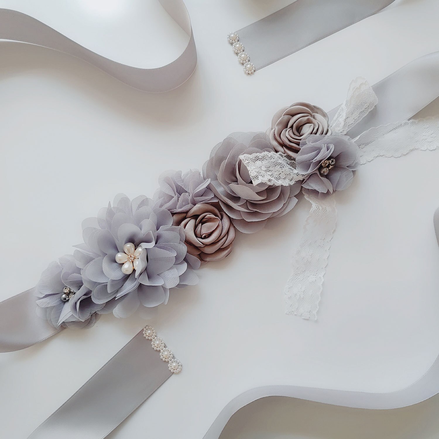 Womens Five Flower Belt Flower Girl Rhinestone Beaded Waistband Bridal Ribbon Cummerbunds Lace Sashes Wedding Waist Belt: Gray