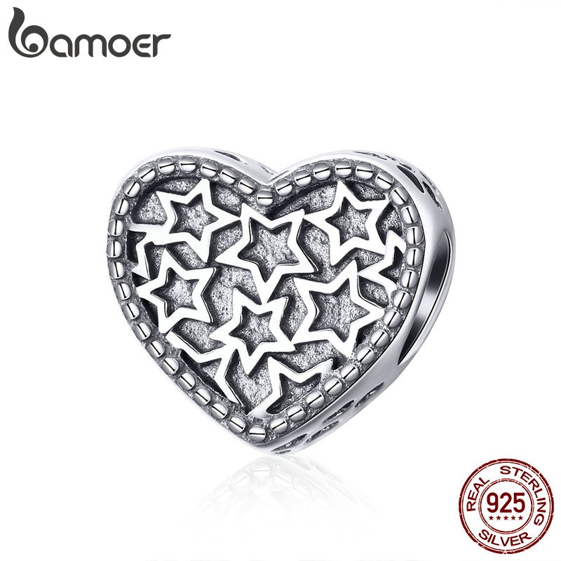 BAMOER Genuino Dell'argento Sterlina 925 di San Valentino Regalo di Giorno a Forma di Cuore Star Pavimenta I Branelli misura I Braccialetti Delle Donne Dei Braccialetti Dei Monili di SCC1052