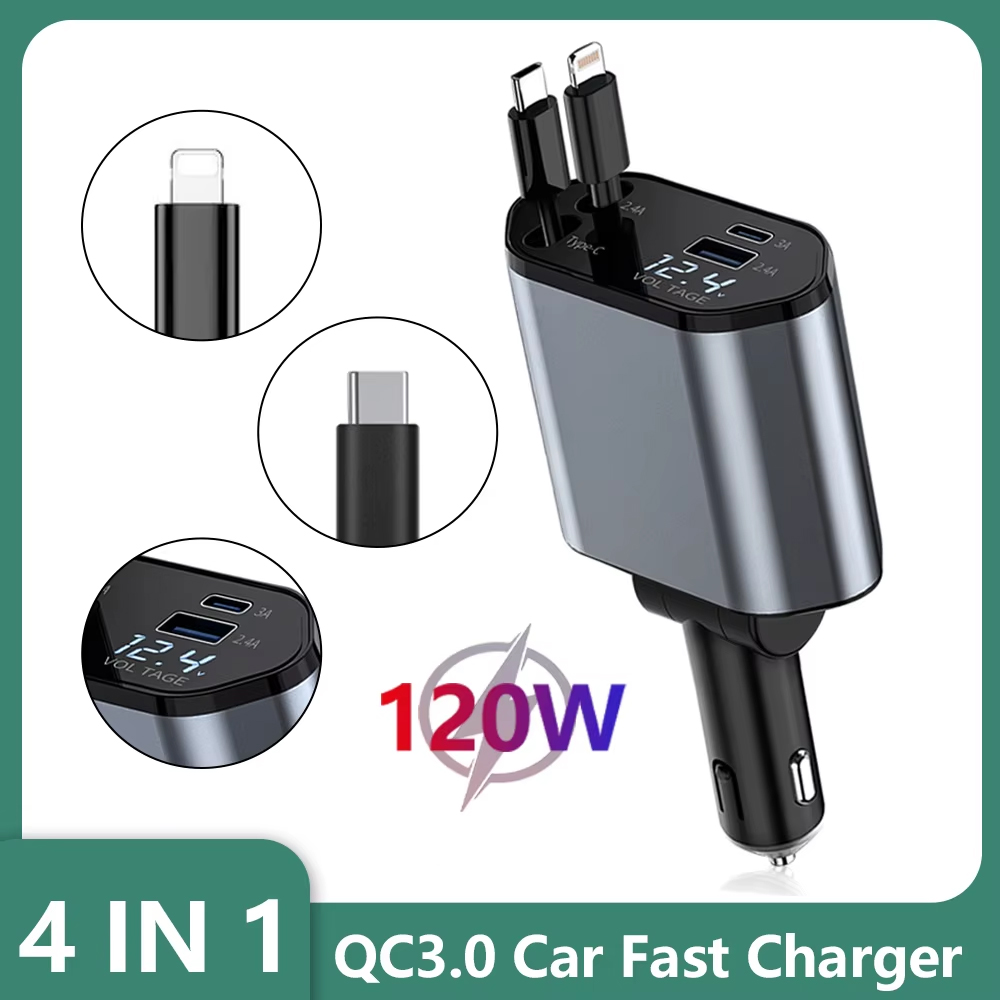 70 W snelle autolader, 4-in-1 intrekbare autotelefoonopladeradapter, intrekbare kabels USB-C en 2 USB-poorten autolader