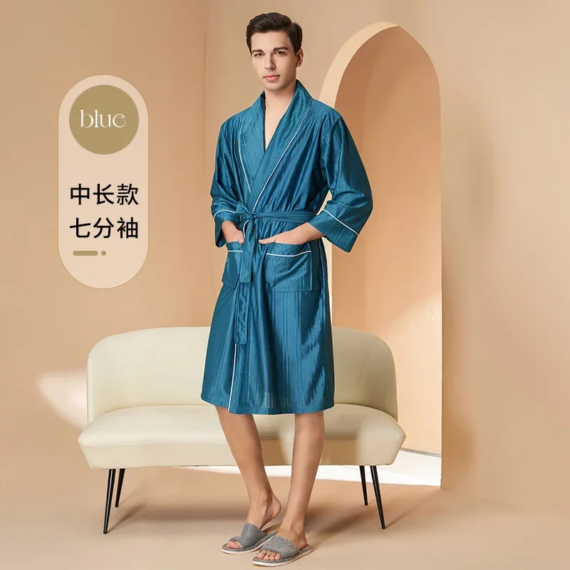 Bata de satén sedoso para parejas, ropa de dormir con estampado de rayas, Kimono, albornoz, ropa de casa holgada, ropa de dormir para primavera y verano: M / Gris oscuro
