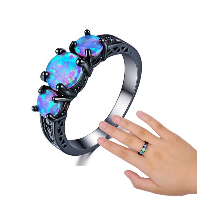 Prachtige Vrouwelijke Ronde Blue Brand Opal Ring Black Gold Filled Trouwringen Voor Vrouwen Vintage Sieraden Anillos Mujer