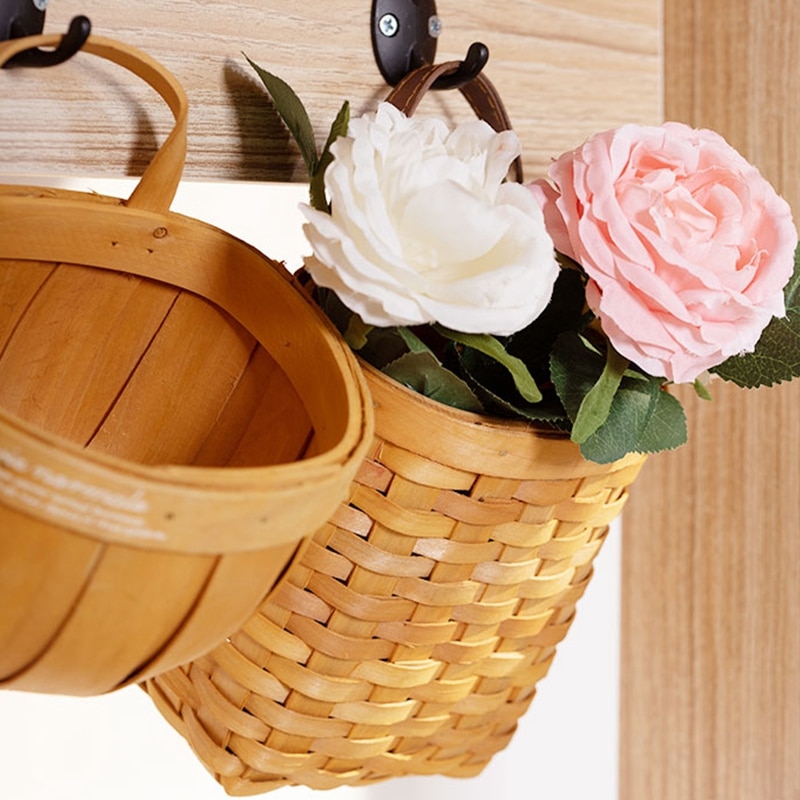 Wood Storage Basket Woven Hanging Baskets Kitchen Garden Wall Hanging Flower Baskets Fruit Vegetable Sundries Organizer Decor