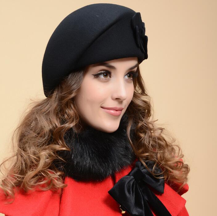 100%  uld baret vinter baretter kvinder vinter filt baret blomster kvinder følte fransk baret beanie fedora hat beanie vinter blomst
