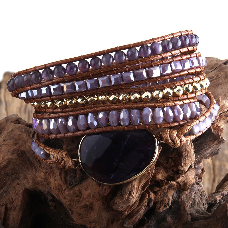 RH Neue Boho Armband Vegan Schnur Natürliche Steine Charm 5 Stränge Woven Wrap Armbänder: Lila