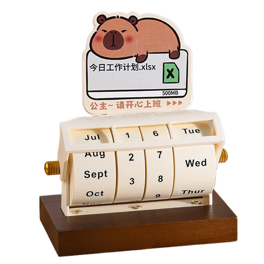 Rotary Perpetual Calendar Wood Decor Tabletop Capybara Calendar Wheeling Calendar Month Week Day Date Display For Home Office: black