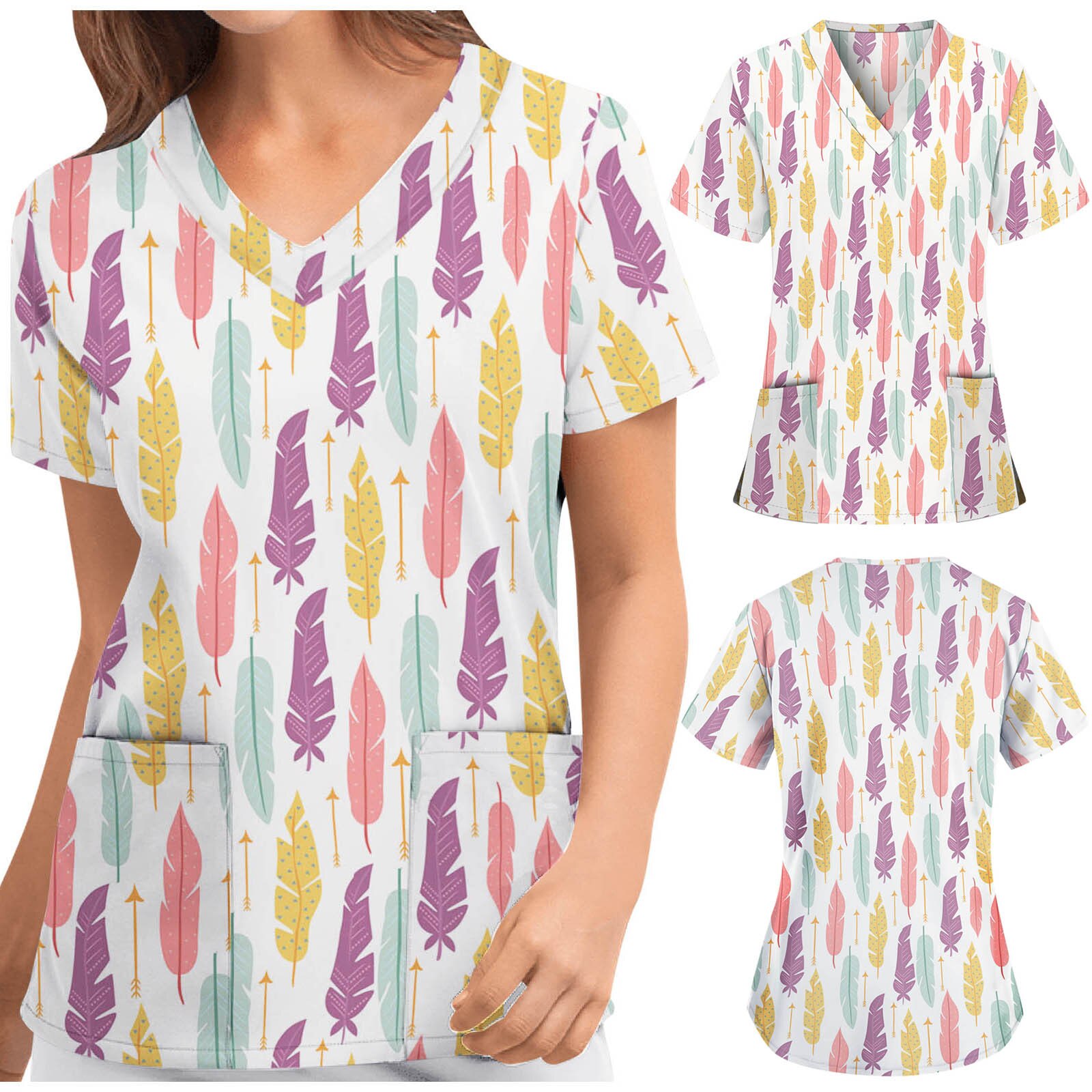 Women nurse uniform Short Sleeve V-neck Floral Pattern Tops Nursing Working Uniform T-shirts Summer Top uniforme enfermera mujer