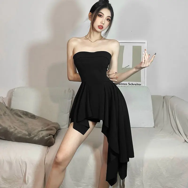 gotisch Schwarz Rohr oben Kleid Frauen Sommer Unregelmäßige schlank passen eine Linie Kleid Y2K Koreanische Streetwear Ärmelloses Mini Kleid