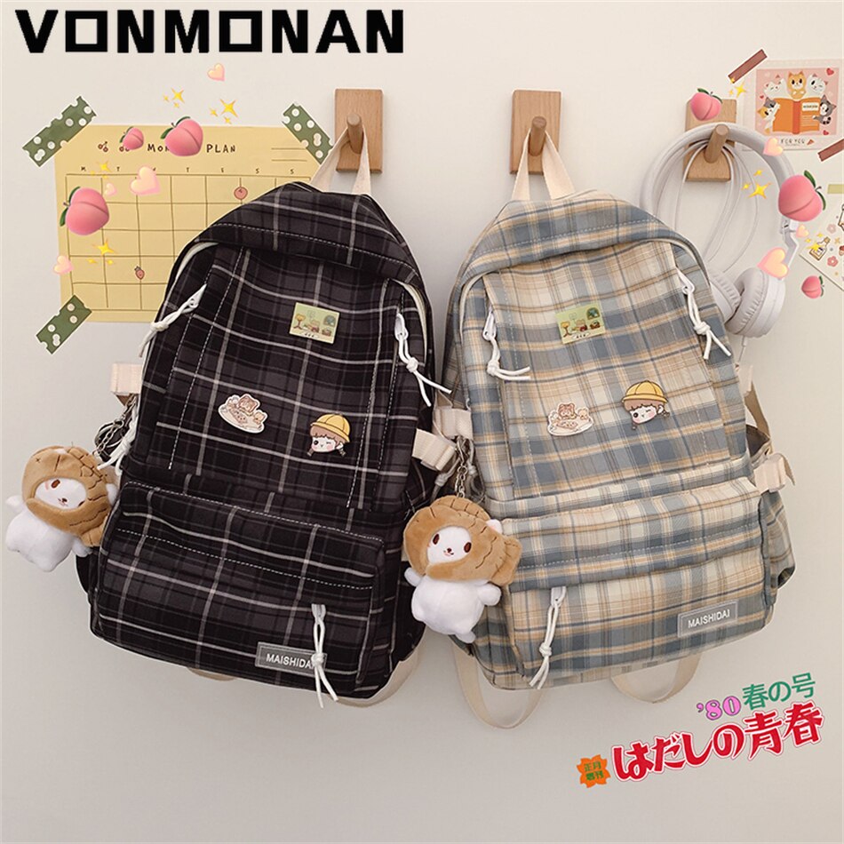 Japanese Plaid Backpack Korean Large Capacity Students Schoolbag Campus Stripe Style Fashionable Girl Waterproof Travel Bag
