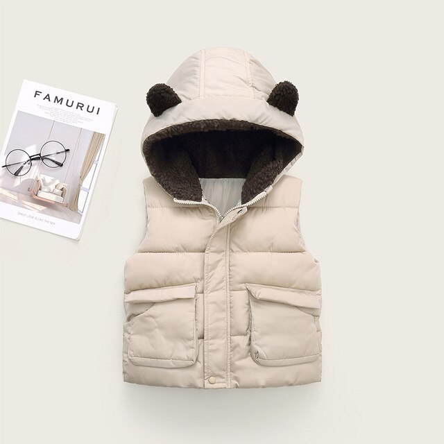 Autunno inverno bambini giù gilet di cotone ragazzi ragazze cappuccio spesso solido gilet bambini caldo Casual allentato senza maniche vestiti cappotto: Beige / 5T