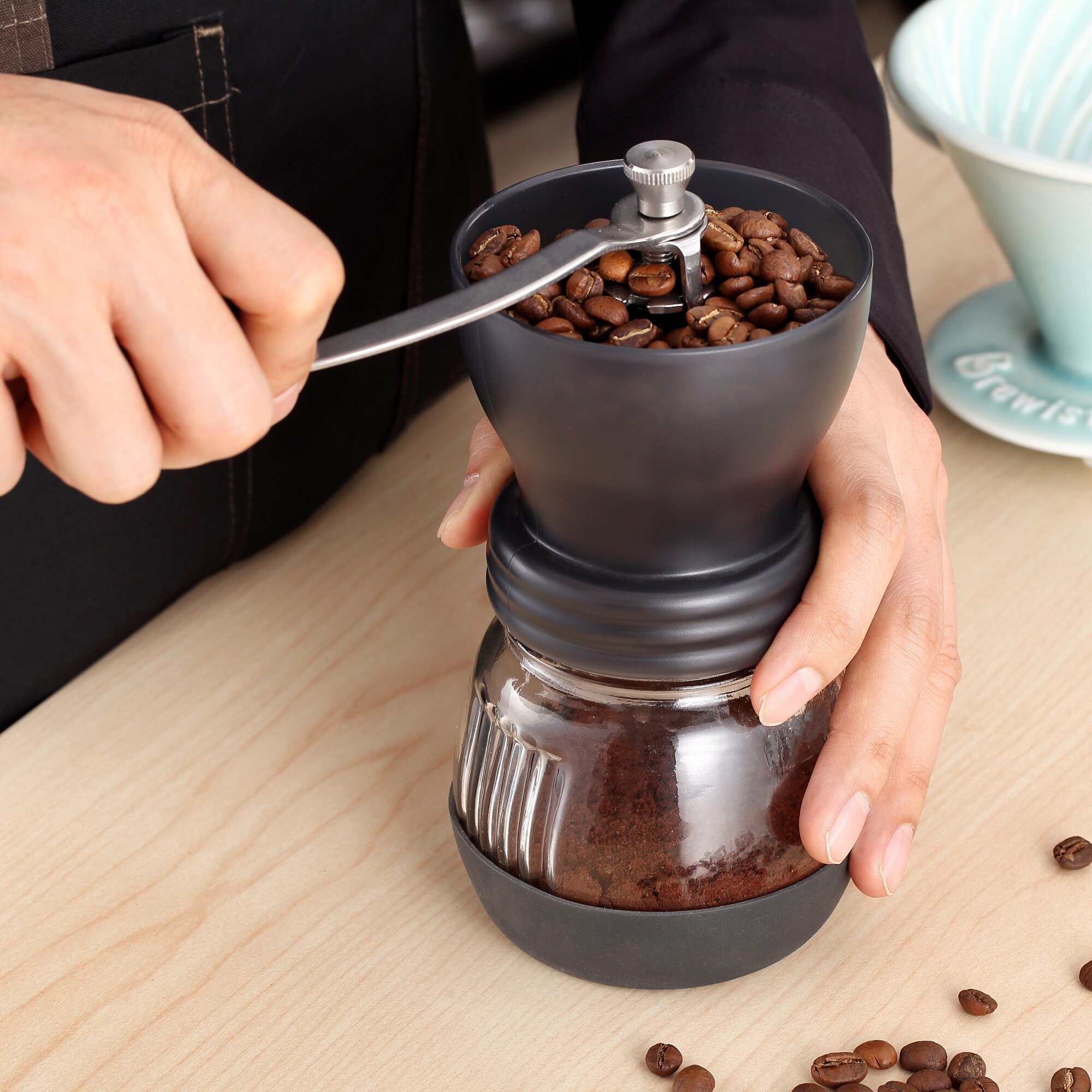 Hånd kaffemølle kaffebønnekværn med glasopbevaringstank bærbar manuel kaffekværn med genanvendelig grat