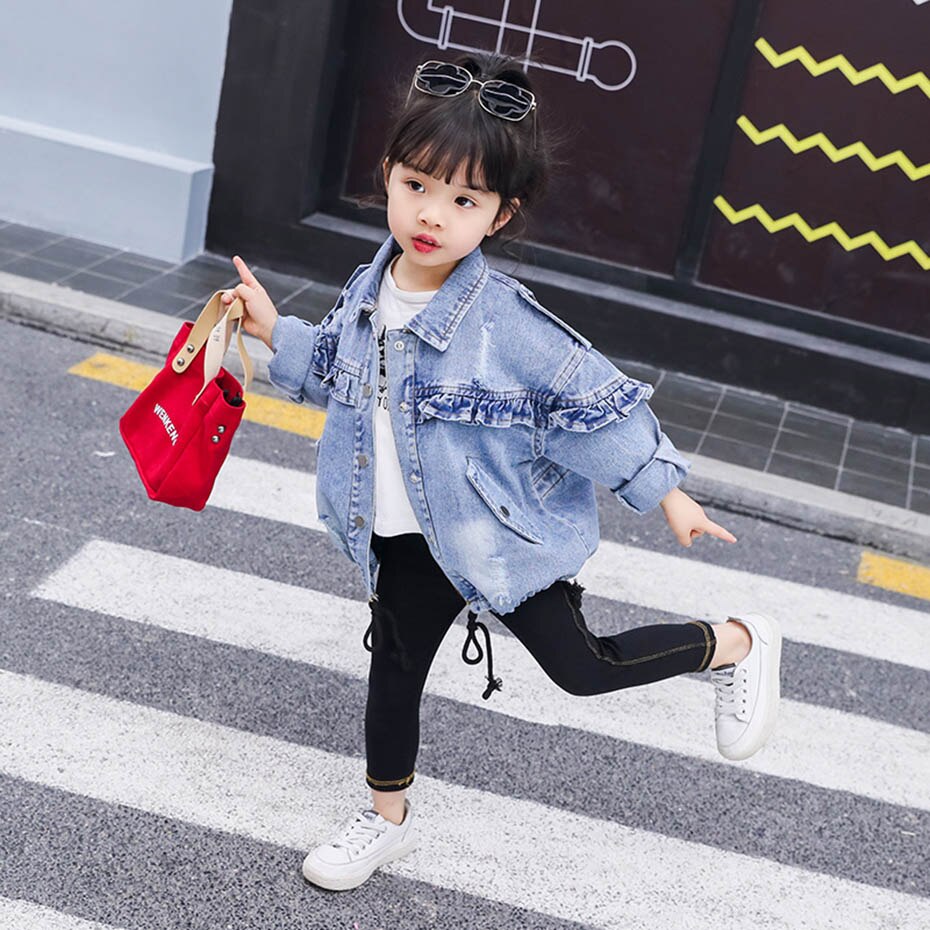 Meisjes Jas Ruches Meisje Denim Jacekt Jas Kinderen Lente Herfst Jas Kinderen Casual Stijl Baby Meisje Kleding