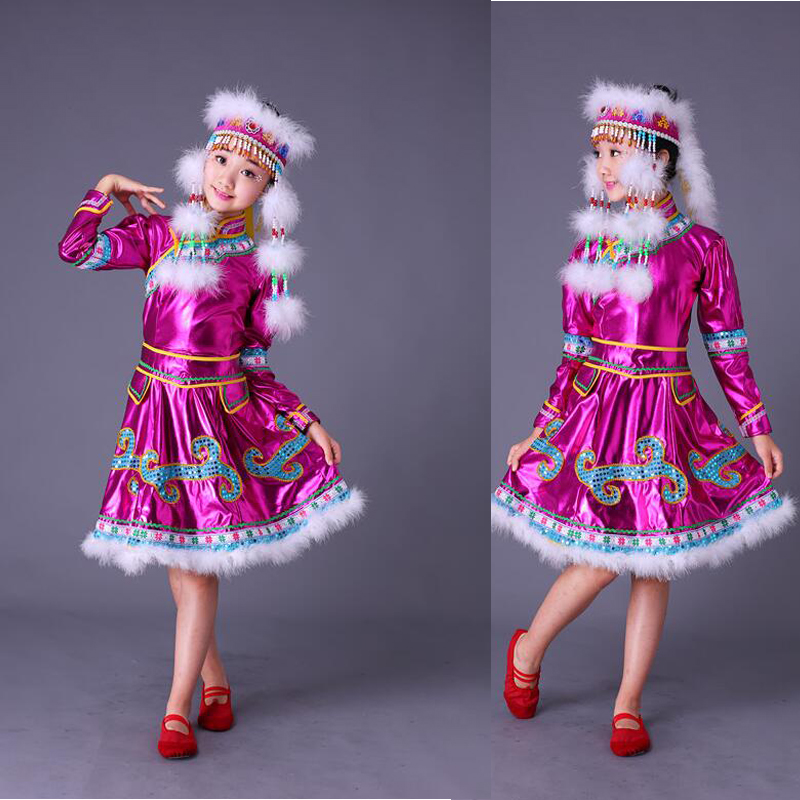 Con tocado niños Mongolia escenario chino baile popular disfraces Niñas Ropa de baile chino niños traje de baile tradicional
