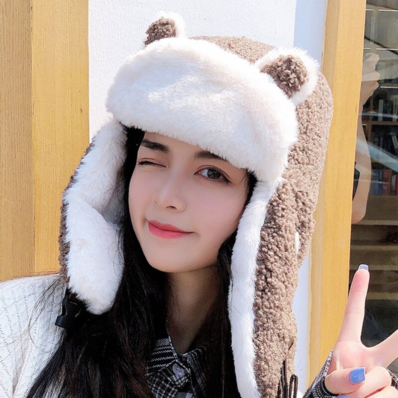 Women Cartoon Bear Ears Winter Trooper Trapper Hat with Removable Dustproof Face Mask Thermal Fleece Lining Earflap Cap