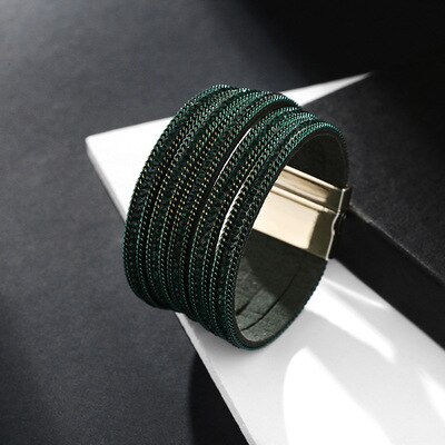 Bracciale da donna in stile bohémien esagerato con polsini magnetici con strass multistrato retrò gioielli da donna: Dark green