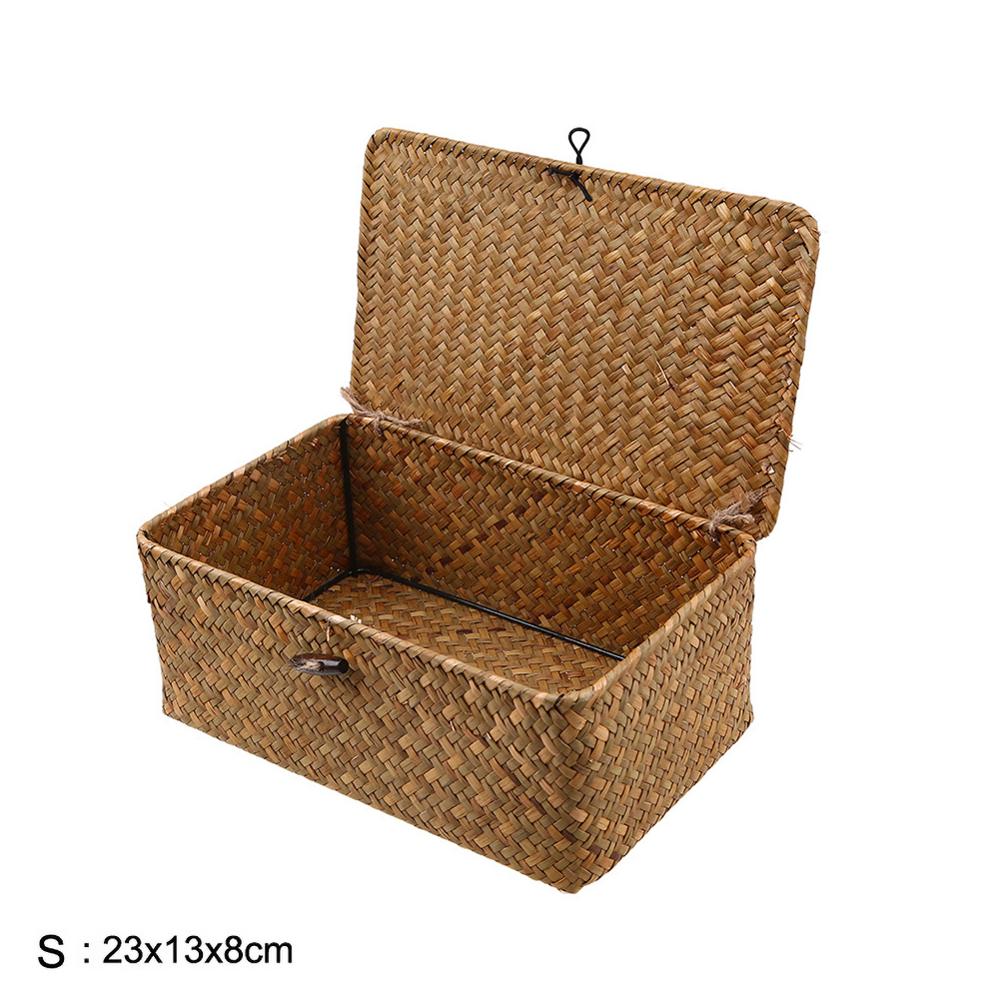Storage Basket Rattan Storage Box With Lid Hand-woven Jewelry Box Wicker Makeup Organizer Food Container Storage Boxes: S
