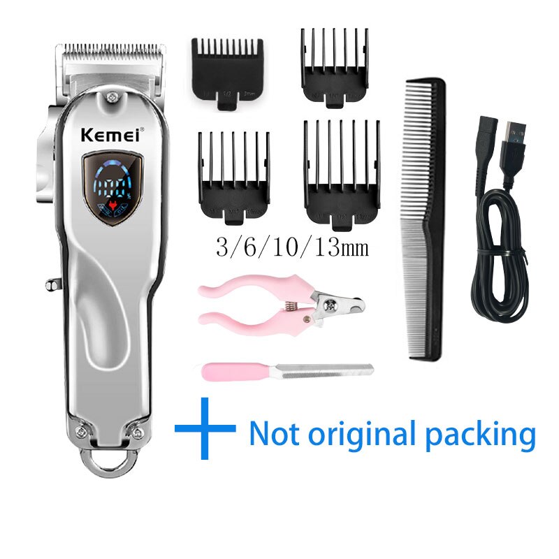 Kemei Dog Hair Trimmer Rechargable Cordless Hair Cutter LCD Display for Pet/Dog Cat Hair Clipper: pro-box-silver