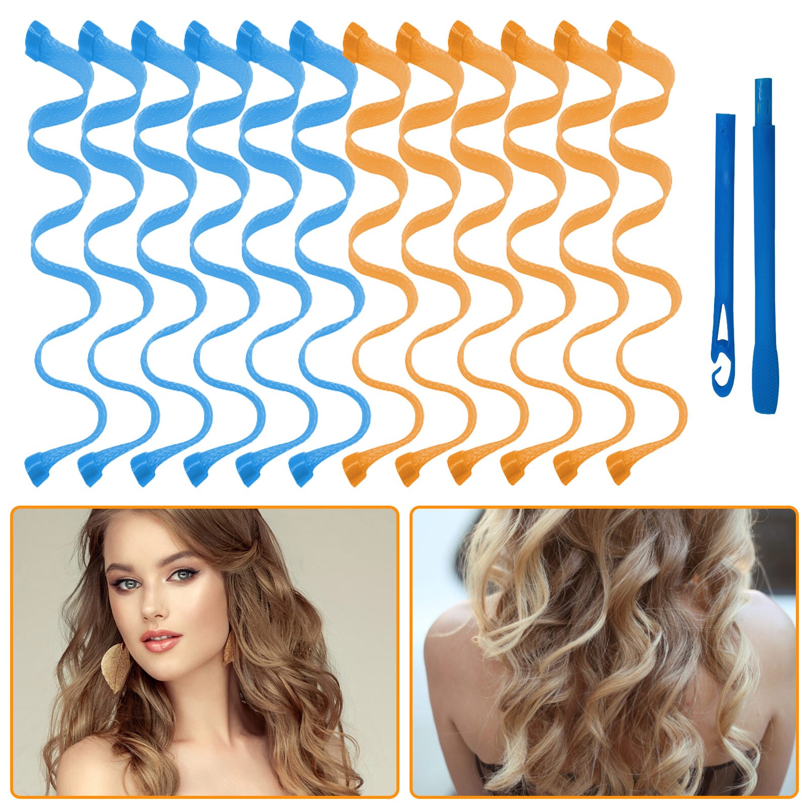 Bigoudis magiques en spirale, sans chaleur, avec 4 crochets, accessoires de coiffure pour la maison, bricolage, 32 pièces: 12pcs Blue Orange