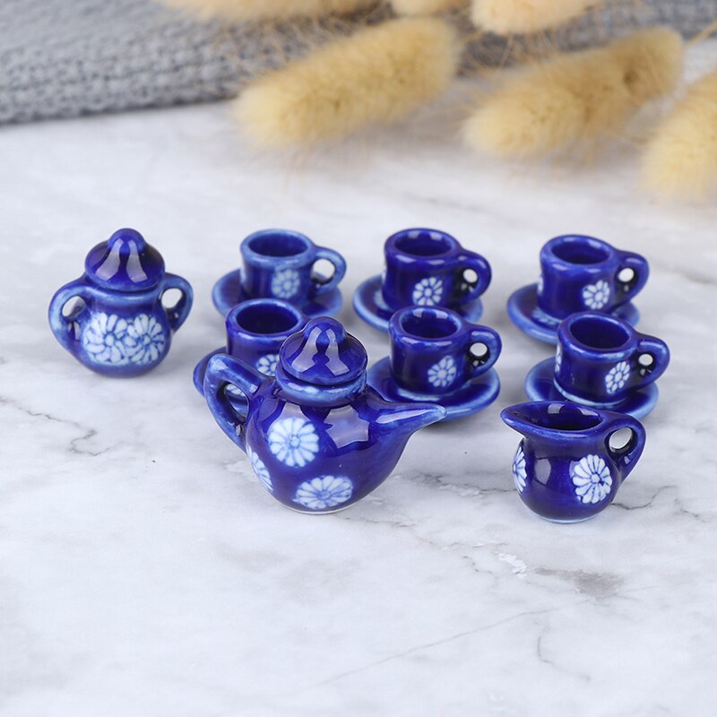 Porcelain Miniature Tea Cup Sets Mini Teapot Coffee Plate Play Kitchen Dining Ware Toy 15pcs 1/12 Dollhouse Tableware