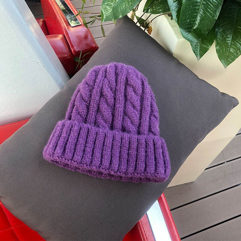 Kvinder huer pige luksus vinter hat slik farver hatte tyk varm hue hue blød strikket hue bomuld twist mønster kasketter 9: Lilla