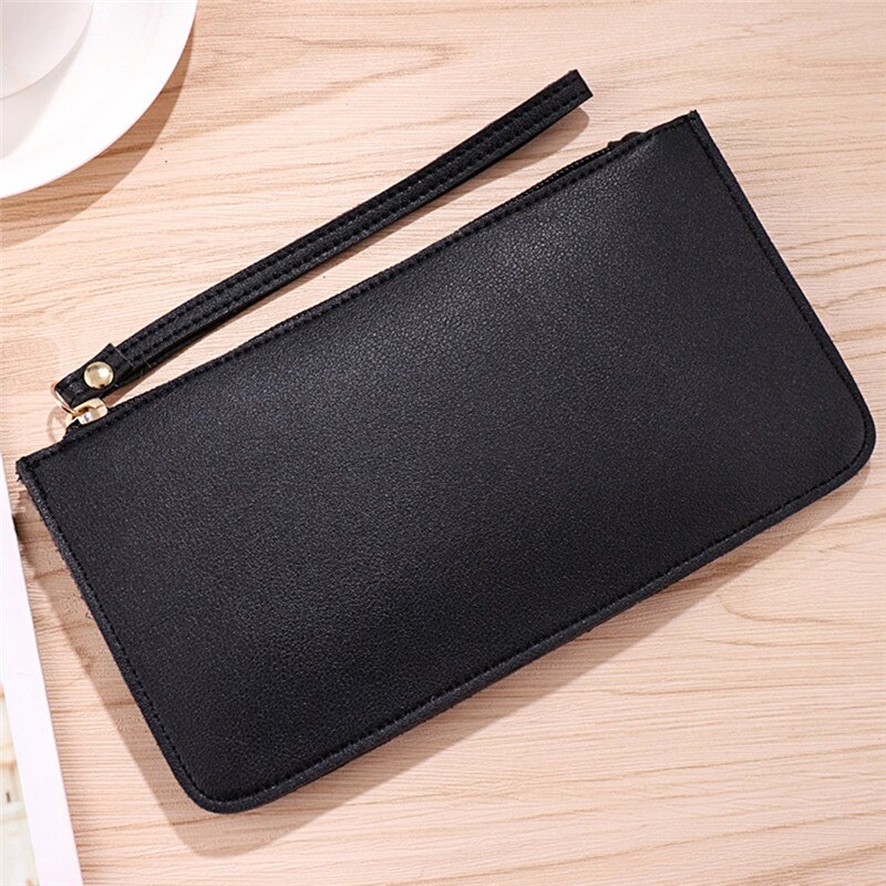 Bracelet femmes couleur unie longue pochette portefeuille grande capacité portefeuilles femme sac à main dame sacs à main en cuir poche porte-carte: black