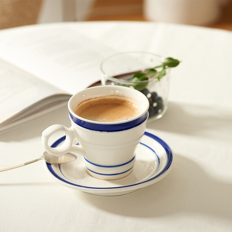 Retro Keramische Cup Schotel Sets Koffiekopjes Met Handgreep Porselein Thee Drinkware Eenvoudige Stijl Blauwe Lijn Geschilderd