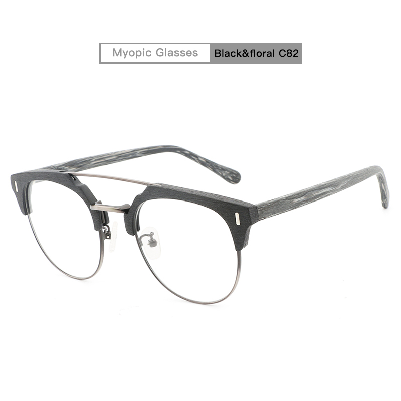 Japanese Brand Acetate Glasses Frame Man Women Wood Grain Myopia Computer Eyeglasses Eyewear Prescription Spectacle Metal: C82