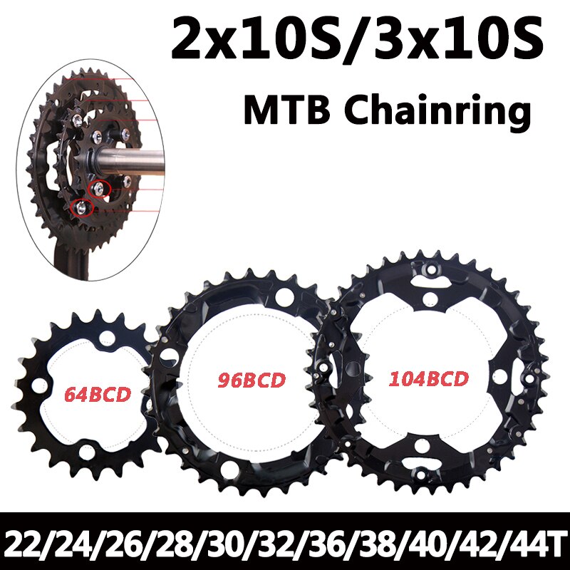 Mtb pyörä 104/96/64 bcd ketjurengas 22/24/30/32/40/42/44t kaksinkertainen/kolminopeuksinen ketjurengas 2 x 10v 3 x 10s ketjupyörä shimano-kammelle