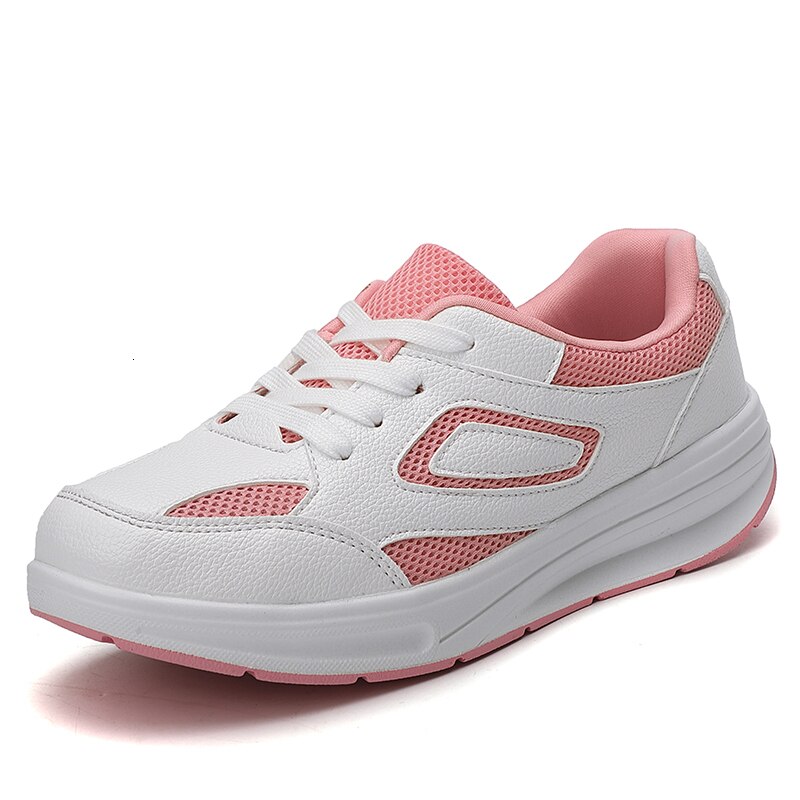 Women Thick Sole Shoes Youth Student Girls Swing Shoe White Lace-up Rocking Shoes Ladies Wedge Sneakers Platform Sneaker: white pink 35-40 / 8