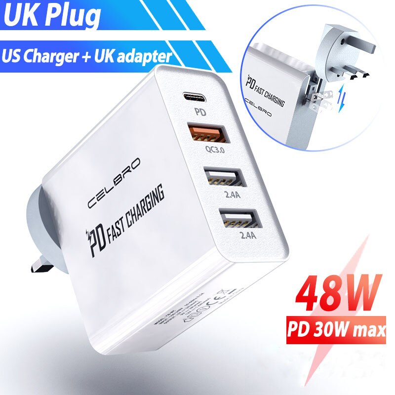 48W Multi Usb Pd Charger Quick Charge 3.0 Snelle Telefoon Oplader Voor Samsung Galaxy S20 Ultra Note 20 10 plus Iphone 12 Pro Laders: UK Charger