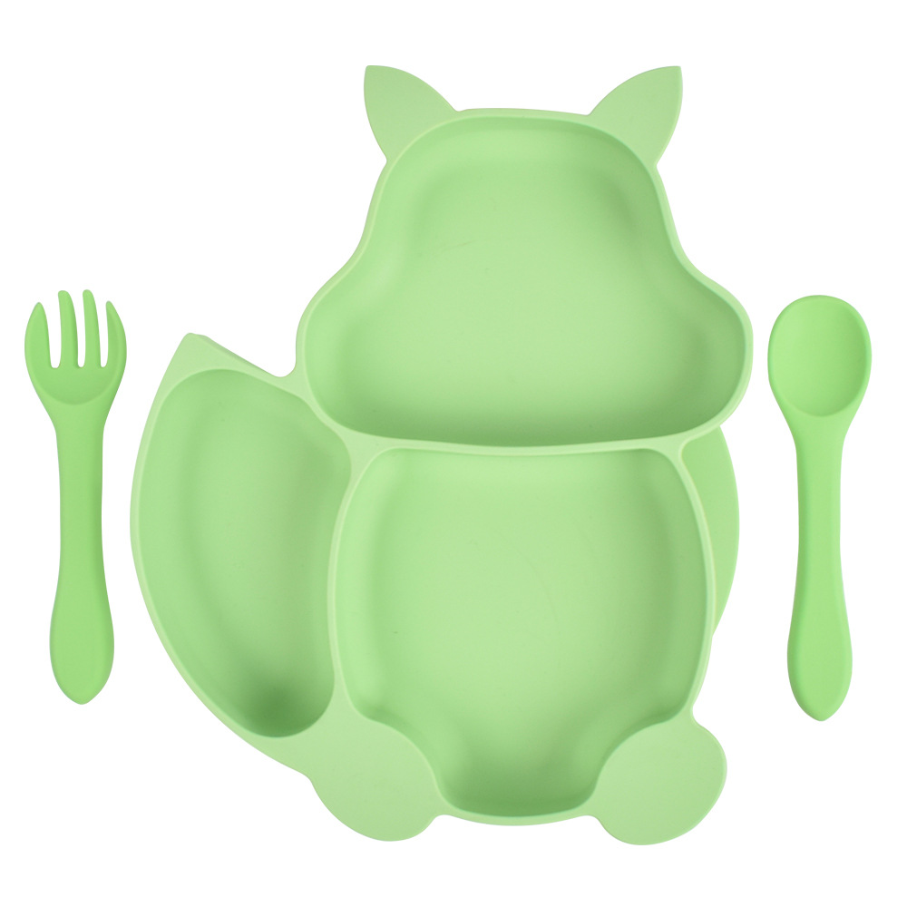 Baby Feeding Set Blue Silicone Suction Plate Squirrel Shape Self Feeding Training Stay Put Plate Soft Spoon Fork Dish Kit: 13