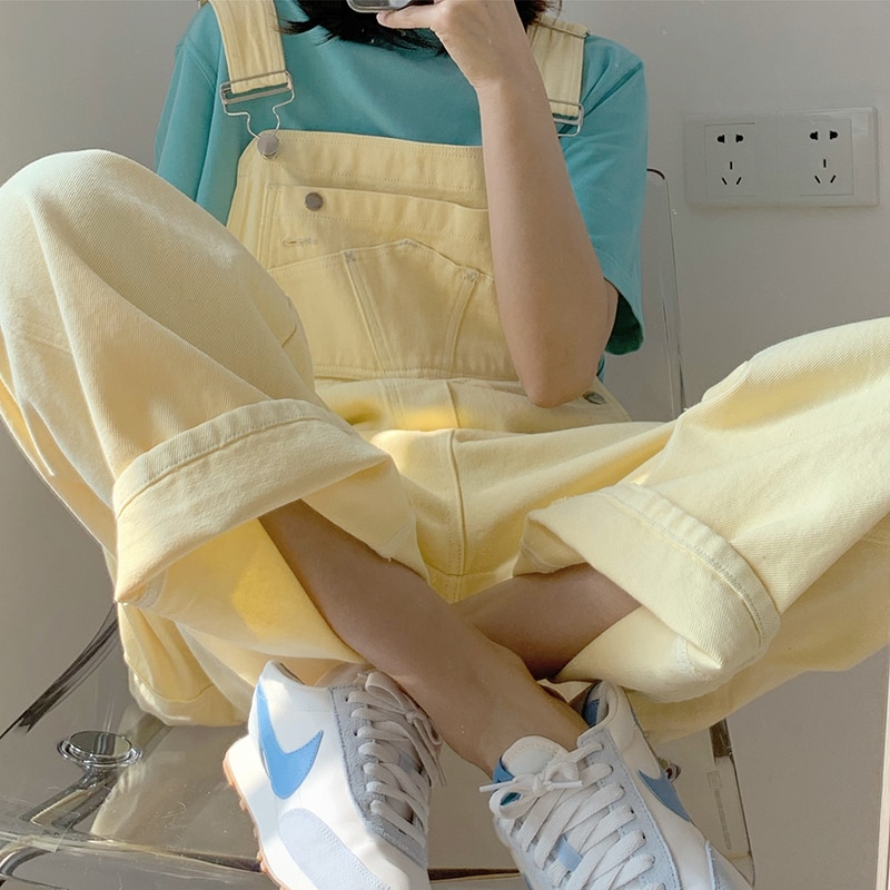 Gele denim jumpsuit dames mouwloos met zak dames jumpsuits casual losse rompers jumpsuits dameskleding