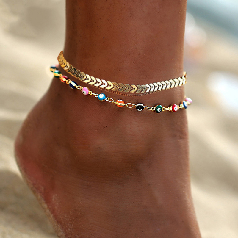 Bohemia Mixed Color Evil Eye Anklet For Women Summer Ocean Beach Beaded Ankle Bracelet Foot Leg Chain Jewelry: AK21Y0031