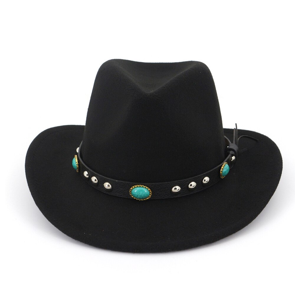 Men Women Wool Western Cowboy Hat With Punk Belt Sombrero Hombre Wide Brim Jazz Hat: Black