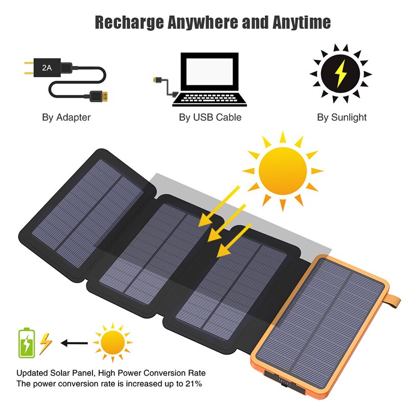 Banco de energía Solar plegable para teléfonos inteligentes, cargador Solar de 8000mAh con linterna, Panel Solar USB Dual