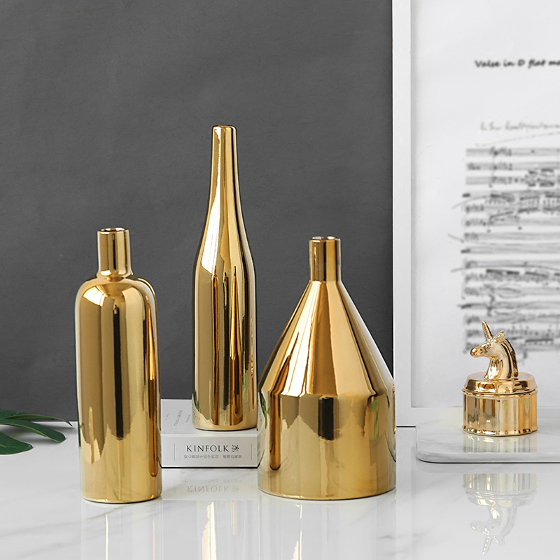 1pc Modern Golden Vase Ceramic Flower Vase Gold Metallic Vase Water Planting Container Desktop Decorative Vase