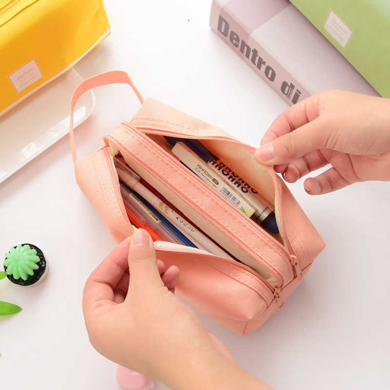 Pencil Case Solid Estuche Escolar Large Capacity Etui Pennen Box Trousse Scolaire Stylo Pencilcase Stripe Canvas Double Zipper