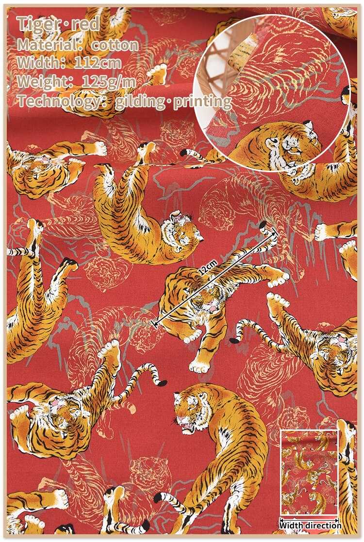 Bomuldsstof tiger mønster japansk stof håndlavet diy stof bomuldstrykt kimono stof: Rød