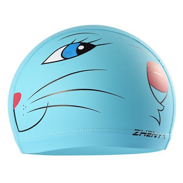 PowerPai Swimming Cap Children Waterproof PU for boys girls Comfortable Dolphine Cat Cartoon Swimming Pool Training Bathing Hood: Lake Blue Cat