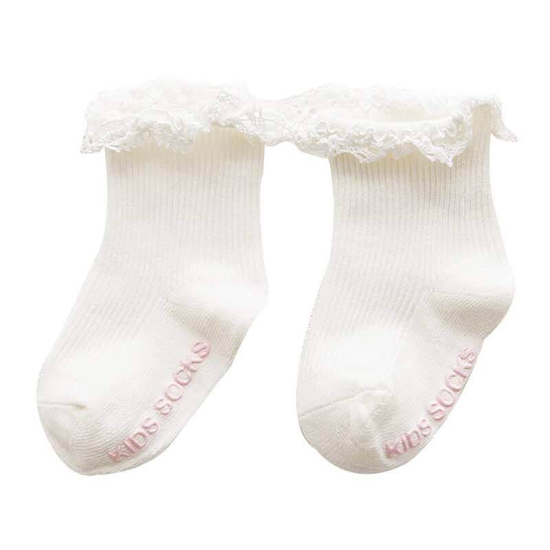 Hylidge – chaussettes princesse antidérapantes en dentelle pour bébé fille, chaussettes courtes en coton doux pour enfants de 0 à 4 ans, rose et blanc: White / S (0-2 years)