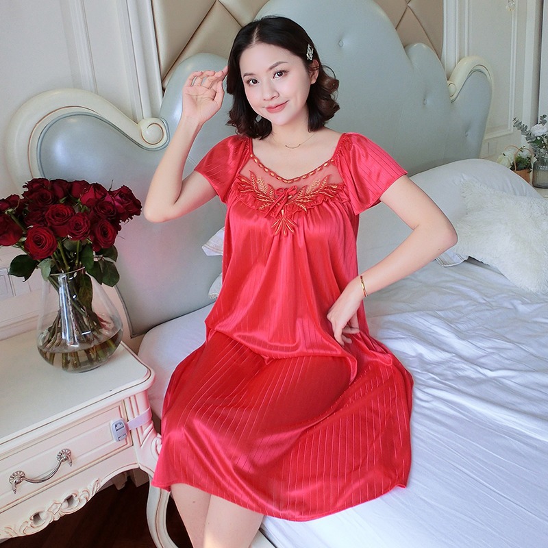 Damen Eis Seide Nachthemden Schlaf Kleid Mittel Länge Kurzarm Nachthemd sexy Nachtwäsche Hause Tragen Loungewear Schlafanzug Femme: XXXL / dunkel Grau