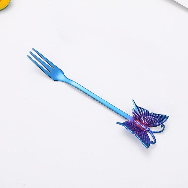 Dessert Cake Fork Stainless Steel Coffee Spoon Butterfly Fruit Fork Milk Shake Spoon Reusable Spoon Smoothie Spoon: Blue-Fork
