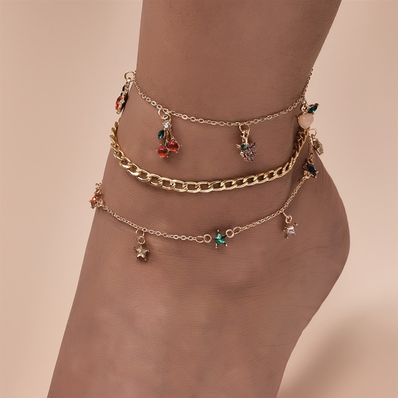 Ensemble de chevilles pour femmes, bracelets de cheville en cristal pour femmes, Fruits de cerise, raisin, étoile, chaîne dorée, bijoux , 3 pièces/ensemble