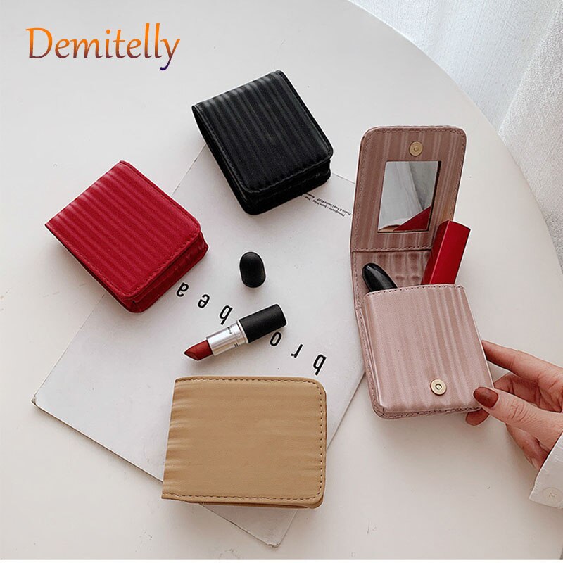 Ladies Mirror Small Lipstick Bag PU Leather Storage Bag Mini Makeup Box Multifunctional Women's Clutch Bag Wallet