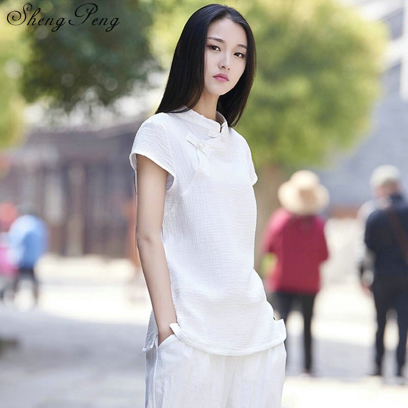Vêtements traditionnels chinois pour femmes cheongsam top chemise en lin femmes élégantes blouses en coton et lin col mandarin CC068