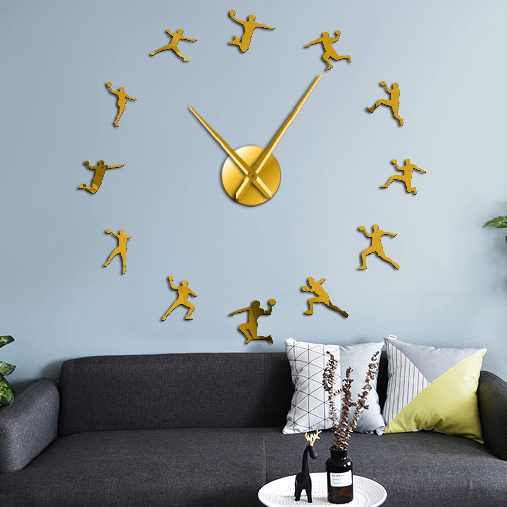 Reloj gigante de pared DIY, decoración deportiva para habitación de adolescentes, Bola de mano, pegatinas de espejo de silueta acrílica, Bola de mano
