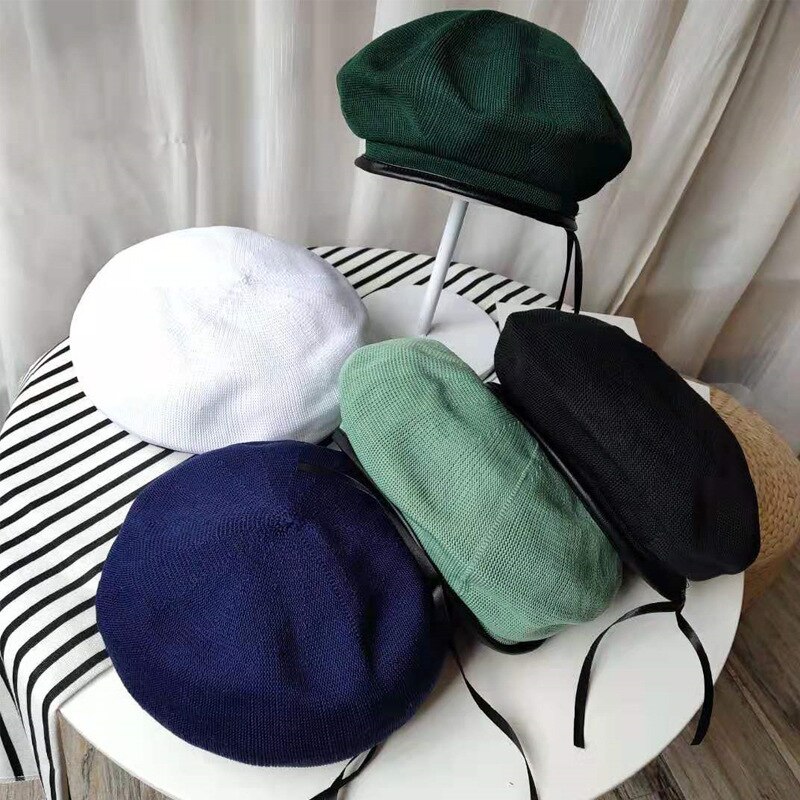 Gorro de pintor de lino transpirable para mujer, boina roja, gorro en forma de calabaza, Color sólido, fino, verano, novedad de